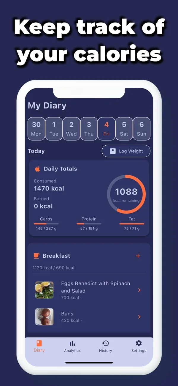 Screenshot illustrating: Daily Diary with Macro Progress